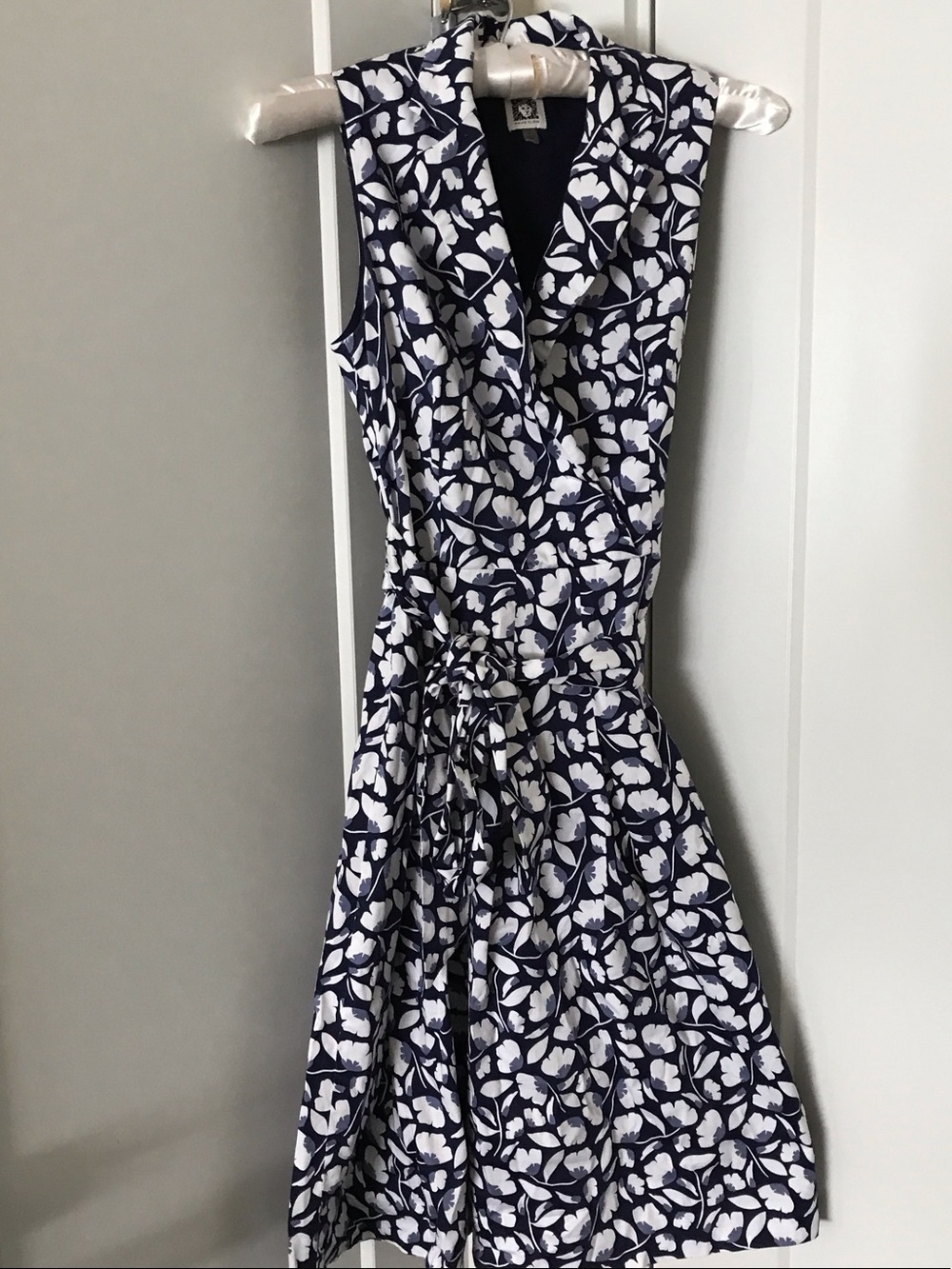 Anne Klein Navy and White Floral Sleeveless Wrap Dress with Notch Collar